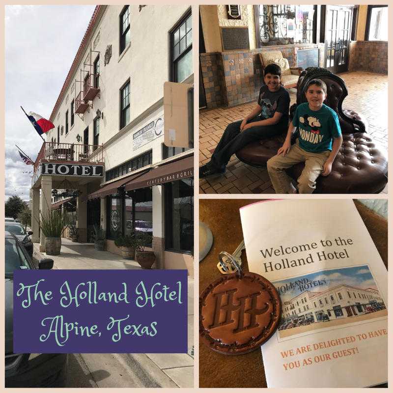 The Holland Hotel in Alpine, Texas exterior, lobby, and key and guide